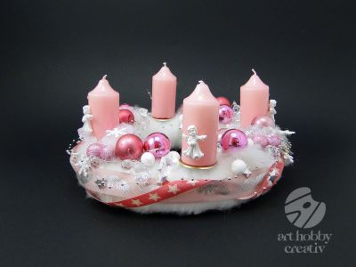 Pachet creativ - coronita de Craciun cu lumanari - roz/alb