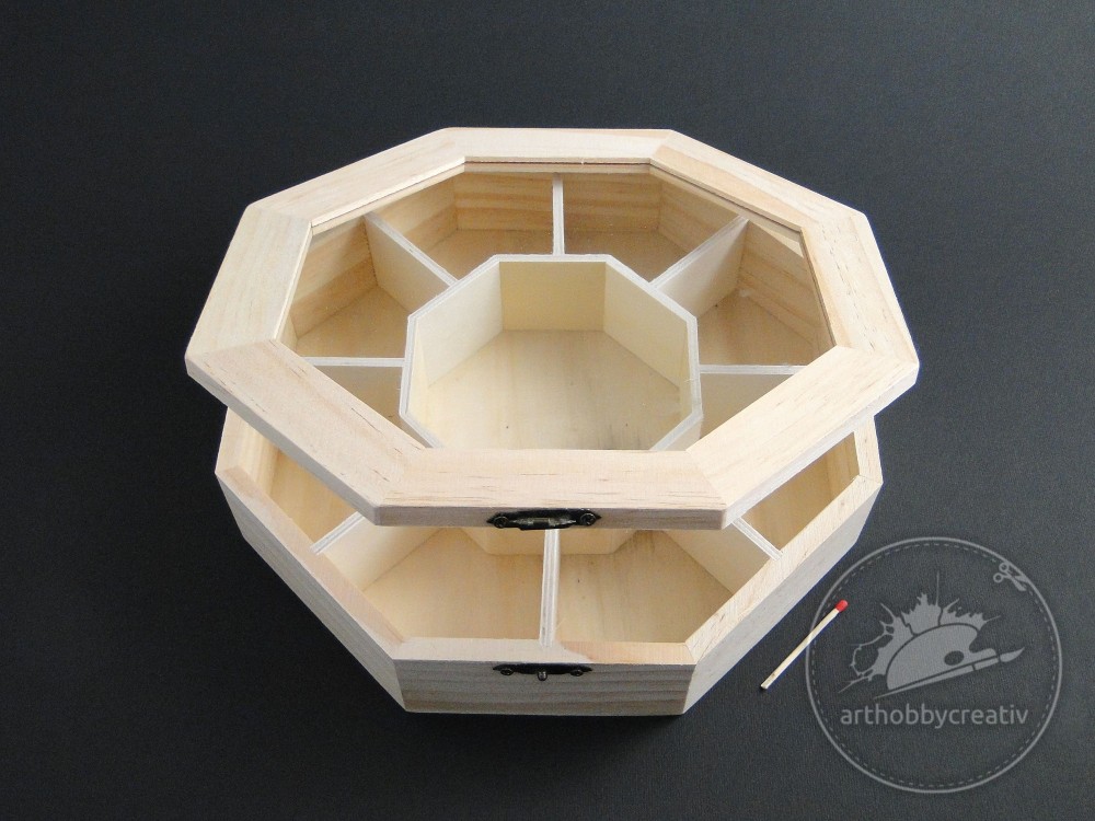 Cutie lemn octogonala pentru margele cu 9 compartimente