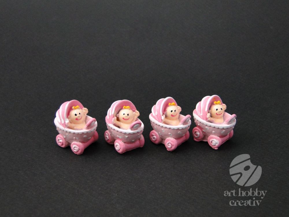 Figurine mini - bebelus in carucior roz set/4buc
