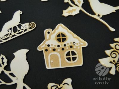 Ornament din placaj subtire de lemn - craciun romantic set/17 buc
