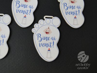 Eticheta cu mesaj - Bine ai venit - albastru 6cm set/4buc