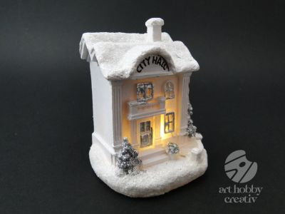 Casuta decor iluminat din interior - primarie- alb 9cm