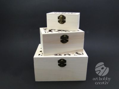 Cutie lemn dreptunghiular cu capac gravat set/3buc