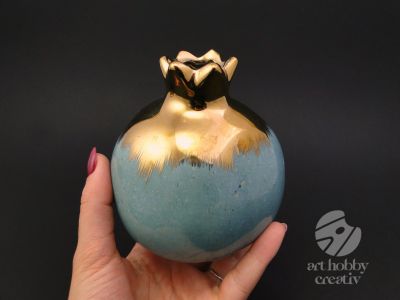 Vaza ceramica - forma de rodie - turcoaz/auriu 9cm