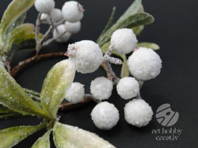 Coronita artificiala de vasc cu bobite albe glitterate Ø8,5cm