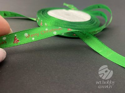 Panglica decor satin - Merry Christmas - verde 1cm/23m