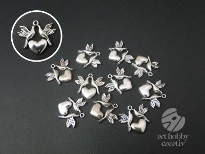 Charm argintiu - inima cu porumbei 3,5cm - set/10buc