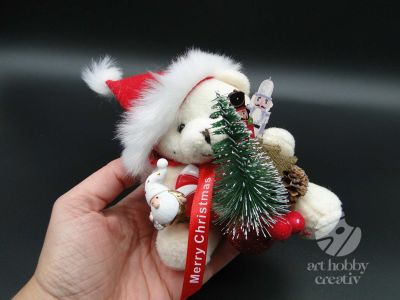 Ursulet de plus cu caciula si bradut - Merry Christmas - ambalat 13cm