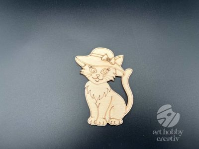 Figurina din lemn de pictat pisica cu palarie, 9cm - forma decorativa DIY