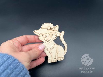 Figurina din lemn de pictat pisica cu palarie, 9cm - forma decorativa DIY