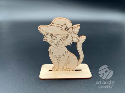 Figurina din lemn de pictat pisica cu palarie, 9cm - forma decorativa DIY